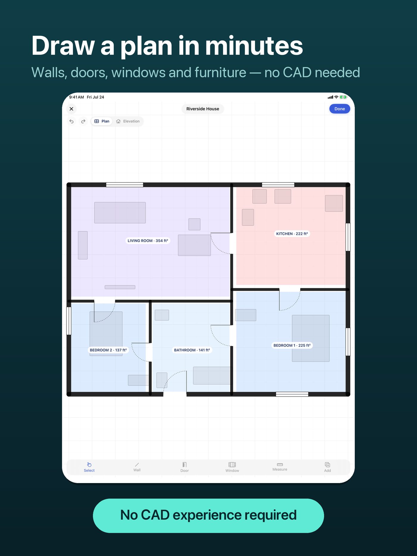 Floor Plan App editor running full screen on iPad