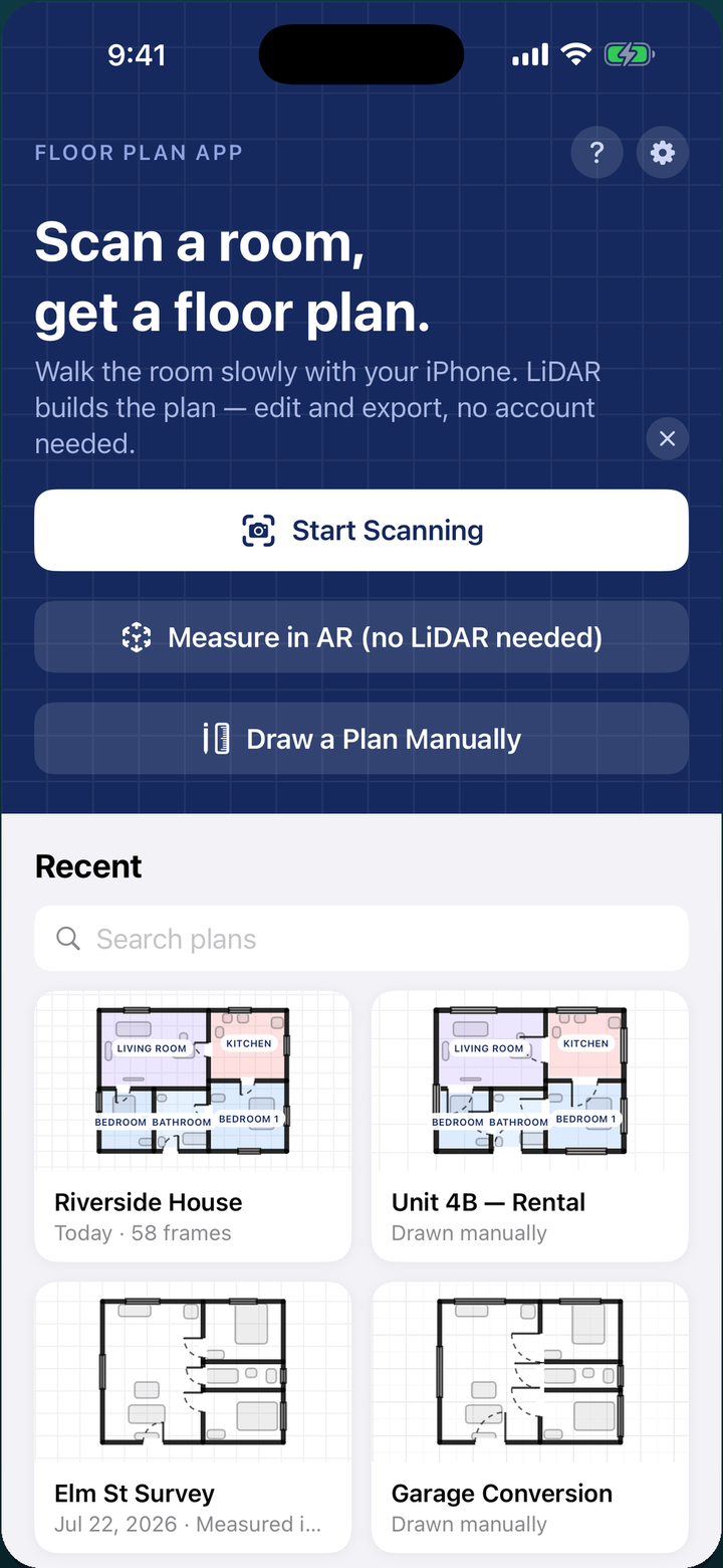 Floor Plan App home screen: start a LiDAR scan, measure in AR, or draw a plan manually