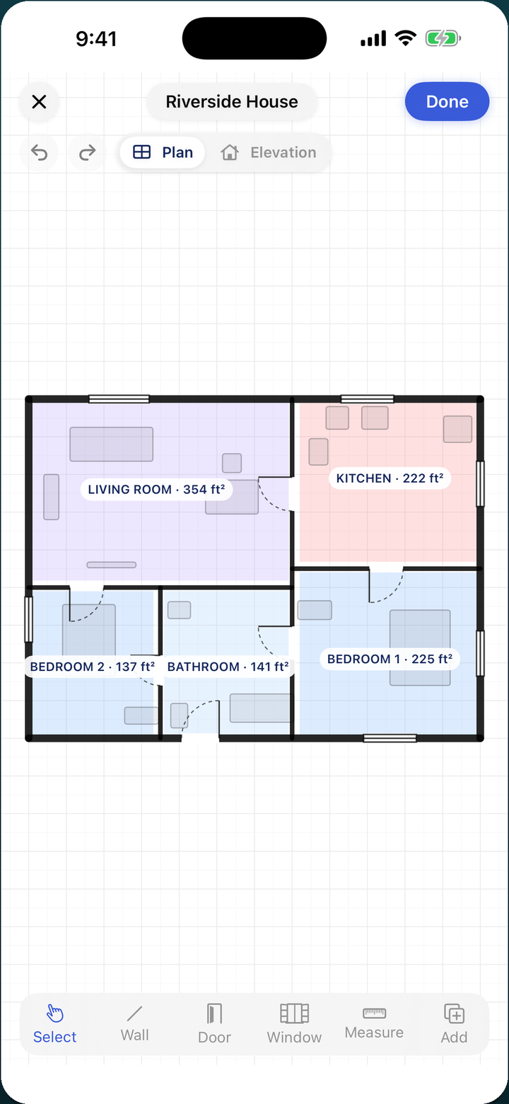 The Floor Plan App editor with wall, door, window, and measure tools