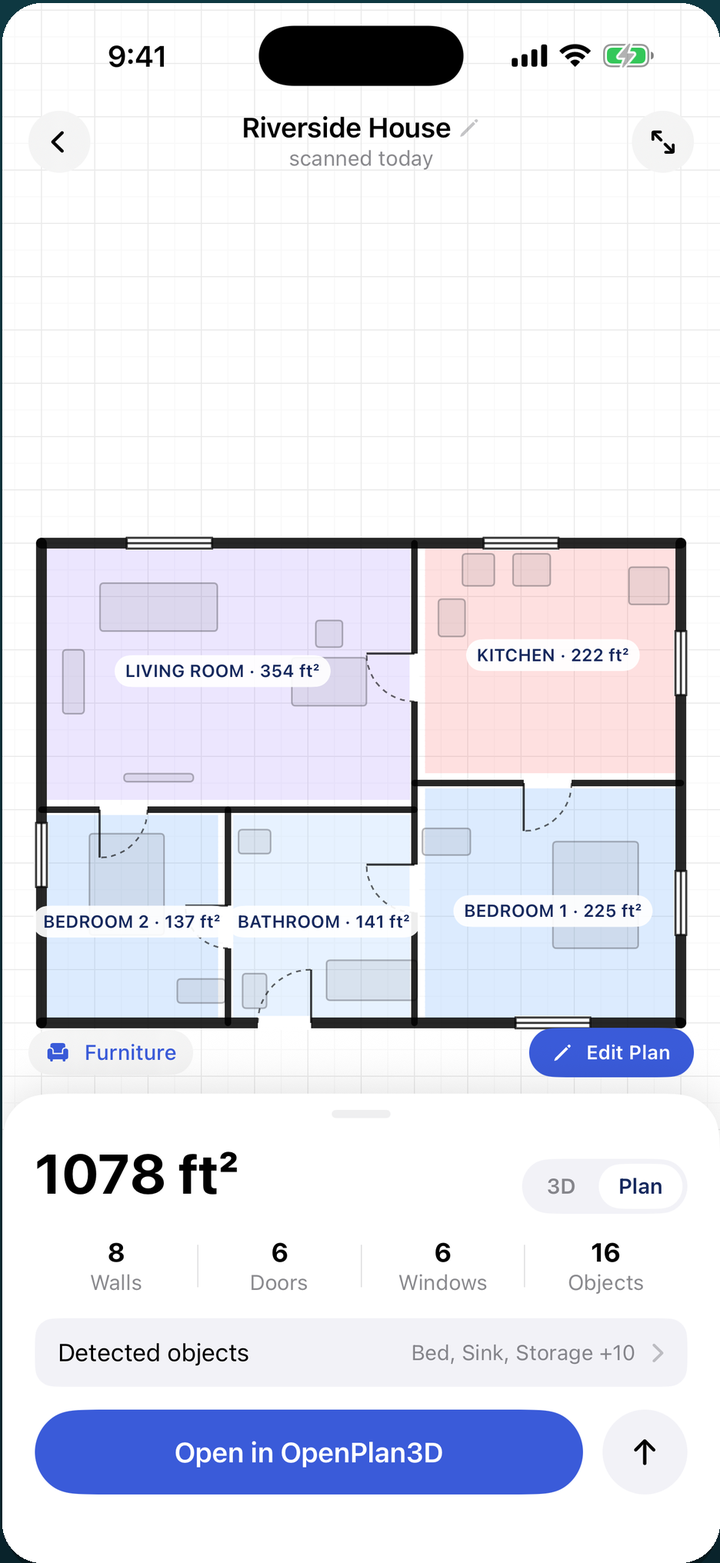 A scanned floor plan with every room automatically sized and labelled, totalling 1078 square feet