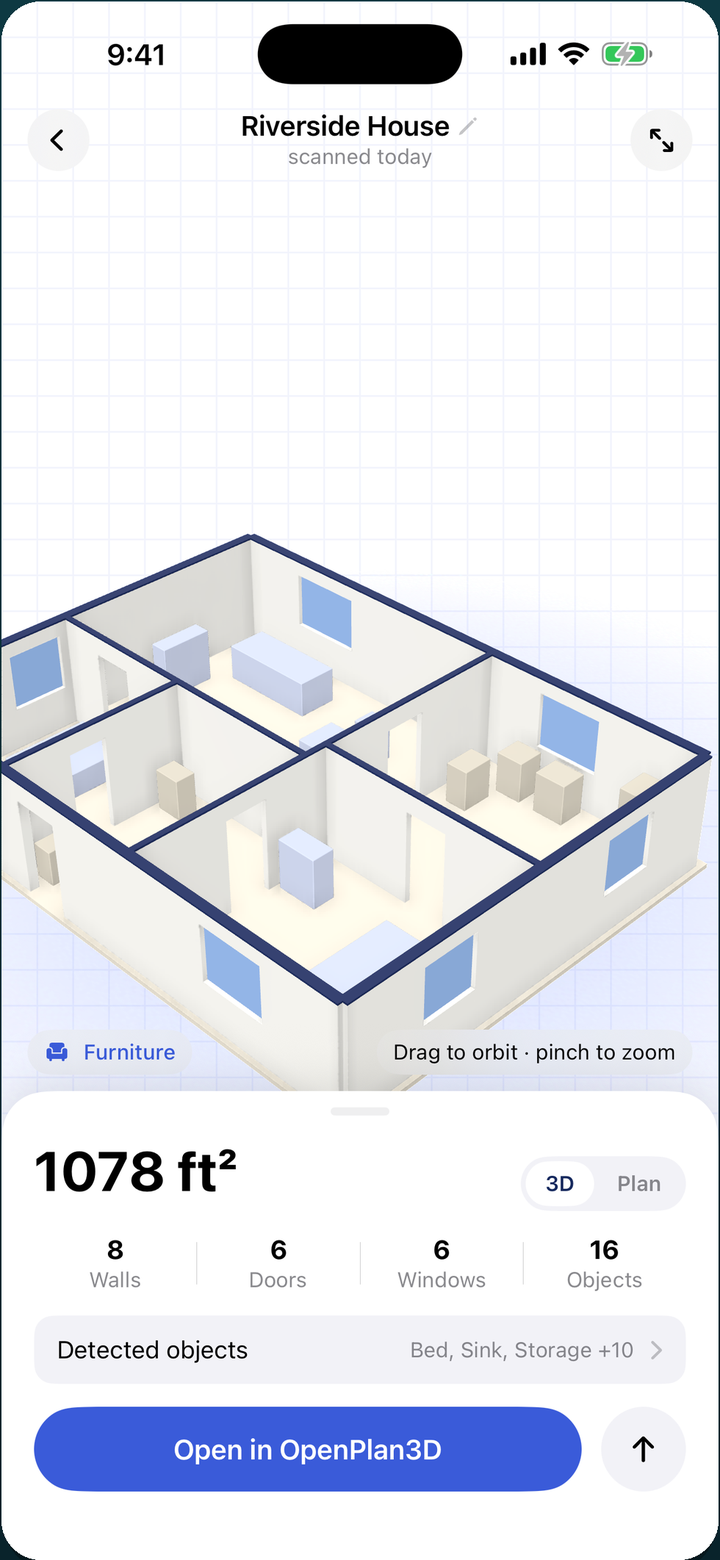 An interactive 3D model of a scanned home in Floor Plan App